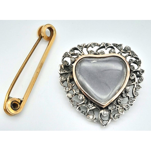 168 - Antique SILVER and GOLD Mourning Brooch. Having windows to front and back with heart shaped surround... 