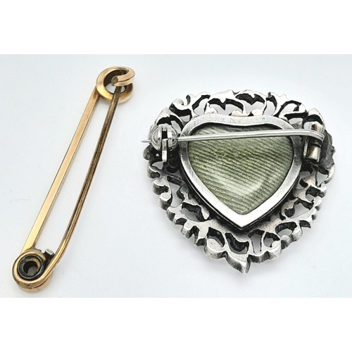 168 - Antique SILVER and GOLD Mourning Brooch. Having windows to front and back with heart shaped surround... 