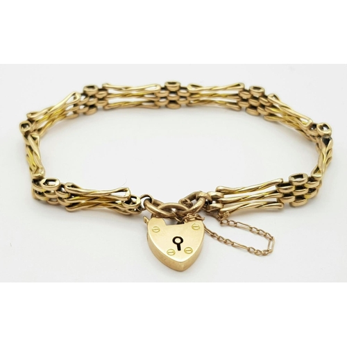 23 - A VINTDE 9K ROSE GOLD GATE BRACELET WITH HEART PADLOCK AND SAFETY CHAIN , IN LOVELY CONDITION FOR AG... 