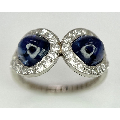 26 - PLATINUM VINTAGE OLD CUT DIAMOND & CABOCHON SAPPHIRE RING. Size L, 4.1g total weight.  ref: PERS 300... 