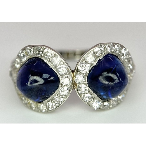 26 - PLATINUM VINTAGE OLD CUT DIAMOND & CABOCHON SAPPHIRE RING. Size L, 4.1g total weight.  ref: PERS 300... 