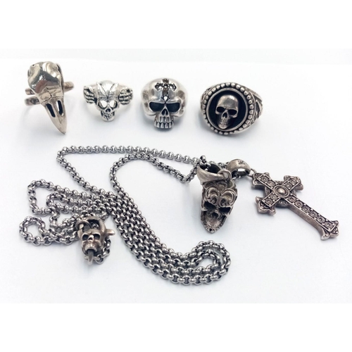 266 - Selection of vintage GOTHIC SILVER JEWELLERY, To include a collection of Silver skull rings together... 