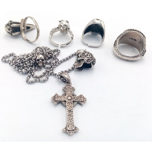 266 - Selection of vintage GOTHIC SILVER JEWELLERY, To include a collection of Silver skull rings together... 