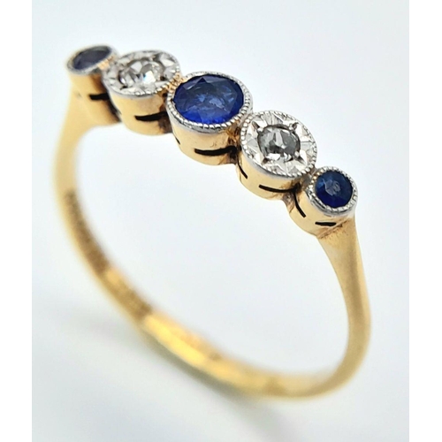 28 - Slim and Elegant 18 CARAT GOLD and PLATINUM RING set with DIAMONDS and SAPPHIRES. 2.7 grams. Size Q ... 