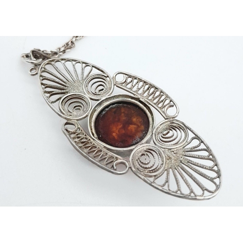 343 - Impressive  AMBER CABOCHON PENDANT set in SILVER FILIGREE and mounted on a SILVER CHAIN NECKLACE. Pe... 