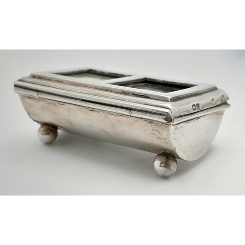 350 - Antique SILVER STAMP BOX. Double size with twin compartments. Complete with Edwardian half penny sta... 