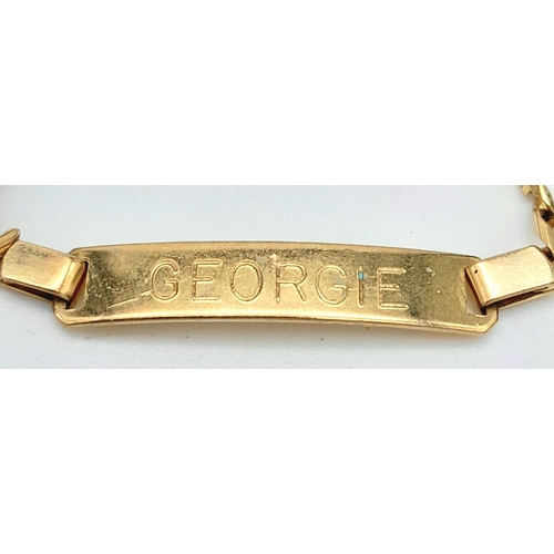 409 - 9k yellow gold ID curb bracelet with 'Georgie' engraving, 18.5cm, 4.1g

ref: 1580I-7