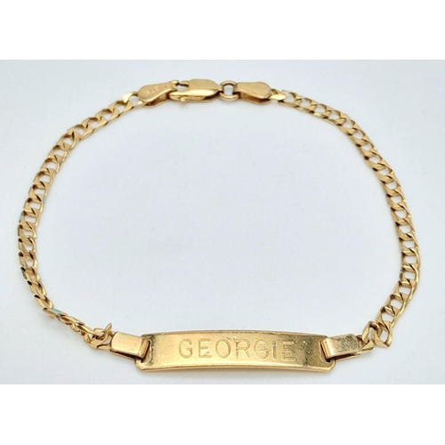 409 - 9k yellow gold ID curb bracelet with 'Georgie' engraving, 18.5cm, 4.1g

ref: 1580I-7