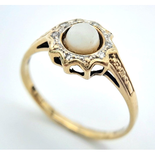 490 - Vintage  9 carat GOLD,PEARL and DIAMOND RING. 1.6 grams. Size N.