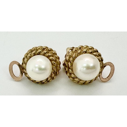 63 - Elegant and classy 9 CARAT GOLD, PEARL EARRINGS. Clip on style with CENTRE PEARL  and  Double GOLD R... 