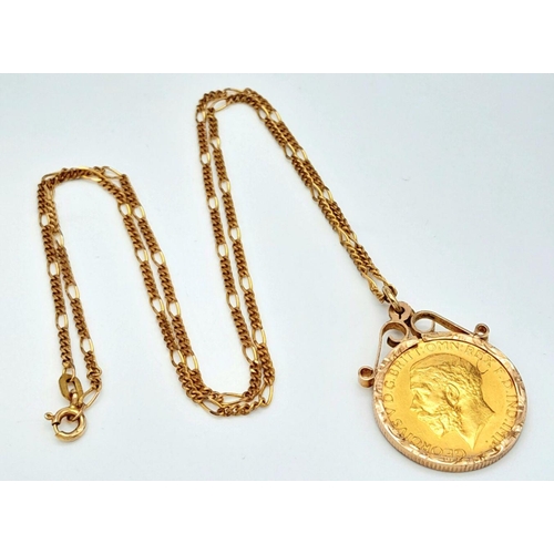 9 - A 22K GOLD FULL SOVEREIGN IN A 9K GOLD SETTING AND ON A 48cms 9K GOLD FIGARO LINK NECK CHAIN .  13.4... 