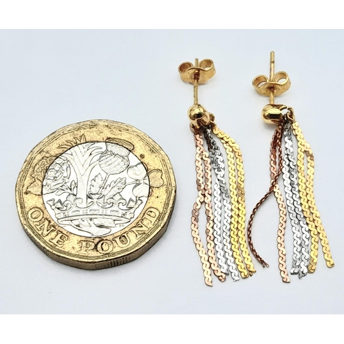 189 - Lovely pair of 9 carat  GOLD TASSEL EARRINGS. Each earring consisting of 3 x different colour GOLD  ... 