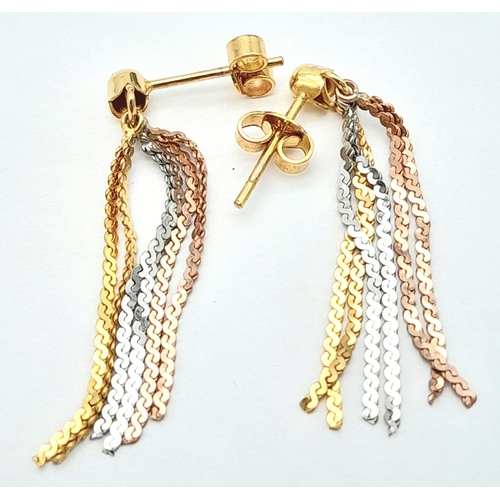 189 - Lovely pair of 9 carat  GOLD TASSEL EARRINGS. Each earring consisting of 3 x different colour GOLD  ... 