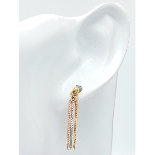 189 - Lovely pair of 9 carat  GOLD TASSEL EARRINGS. Each earring consisting of 3 x different colour GOLD  ... 