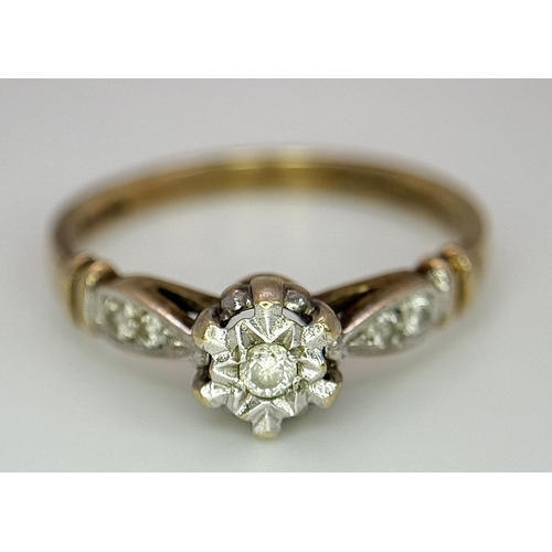 217 - Tasteful 9 carat GOLD and DIAMOND RING. Additional DIAMOND detail to shoulders. Fully hallmarked. Co... 