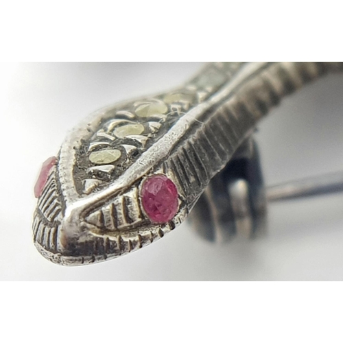 455 - Vintage SILVER SALAMANDER BROOCH set with RUBY Gemstone Eyes. 5.5 cm.