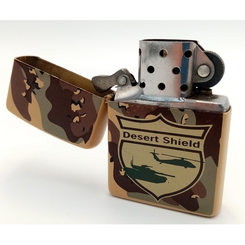 469 - Vintage ‘DESERT SHIELD’ ZIPPO LIGHTER. Gulf War. Having camouflage background  with helicopter and  ... 