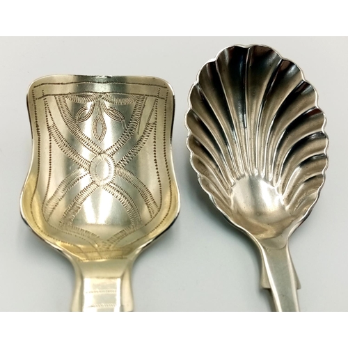 476 - 2 x vintage CADDY SPOONS To include a rare FATTORINI SHELL Bowl and FIDDLE Handle. Together with a t... 