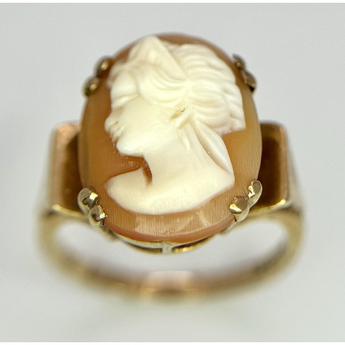 49 - Vintage 9 CARAT GOLD CAMEO RING. Fully hallmarked. Nice condition CAMEO sitting on wide GOLD shoulde... 
