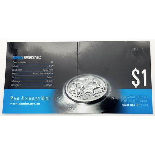 525 - Australian SILVER KANGAROO DOLLAR 2014. Complete with original case. PURE SILVER. Limited Mintage of... 