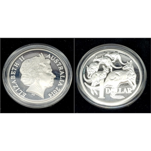 525 - Australian SILVER KANGAROO DOLLAR 2014. Complete with original case. PURE SILVER. Limited Mintage of... 