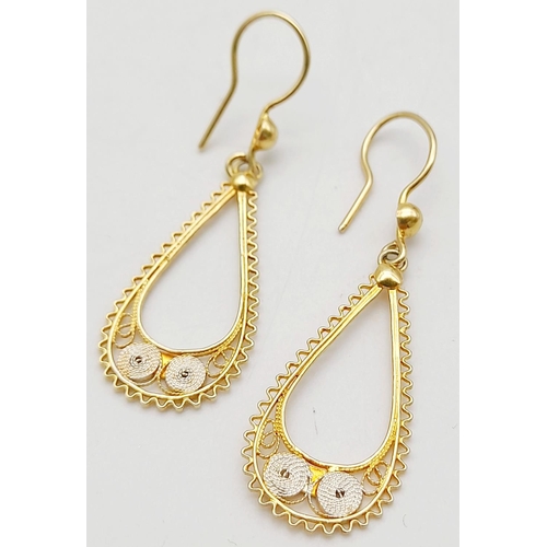 529 - A Pair of 18K Gold Plated 925 Silver Fancy Drop Earrings. 4cm drop. Ref: 017855