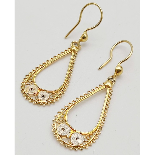 529 - A Pair of 18K Gold Plated 925 Silver Fancy Drop Earrings. 4cm drop. Ref: 017855