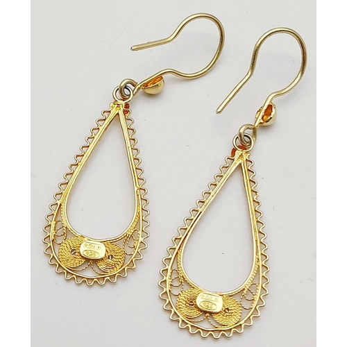 529 - A Pair of 18K Gold Plated 925 Silver Fancy Drop Earrings. 4cm drop. Ref: 017855