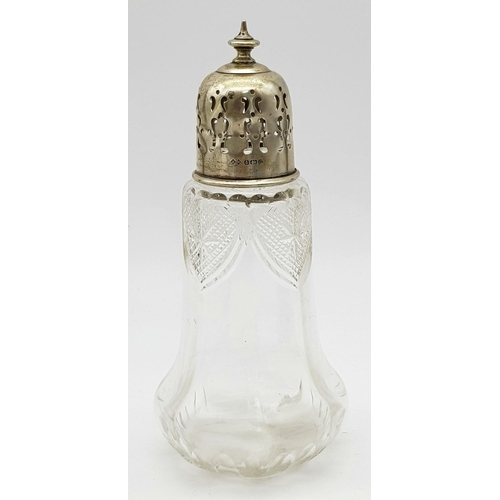 532 - Antique CUT GLASS SILVER TOPPED SUGAR SHAKER.  Hallmark for Henry Moreton, Birmingham 1912. af. 18.5... 