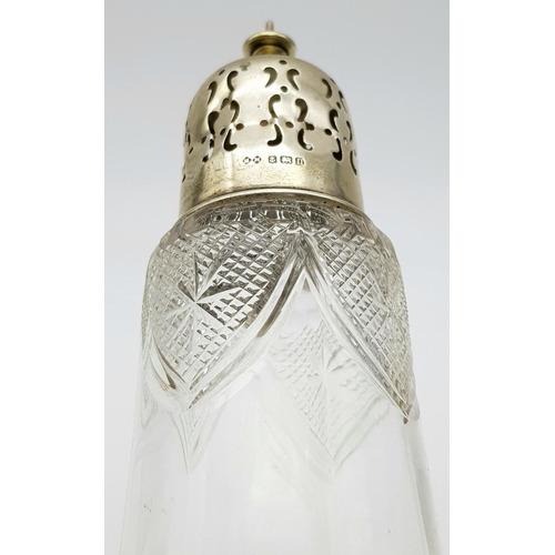 532 - Antique CUT GLASS SILVER TOPPED SUGAR SHAKER.  Hallmark for Henry Moreton, Birmingham 1912. af. 18.5... 