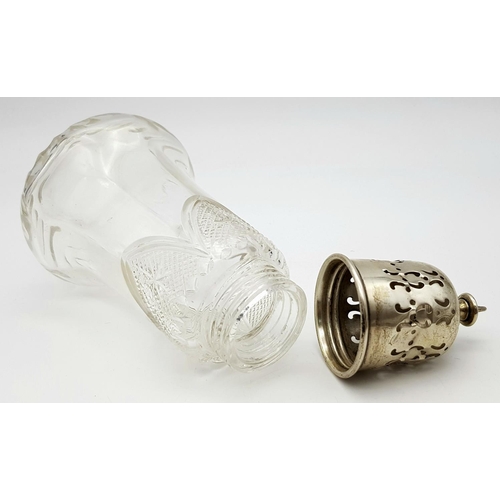 532 - Antique CUT GLASS SILVER TOPPED SUGAR SHAKER.  Hallmark for Henry Moreton, Birmingham 1912. af. 18.5... 