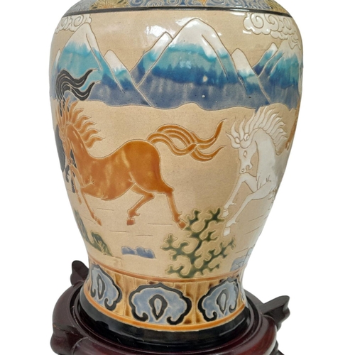 71 - An Antique Chinese Large Vase Depicting Running Horses with a Mountain View Background. Impressive u... 