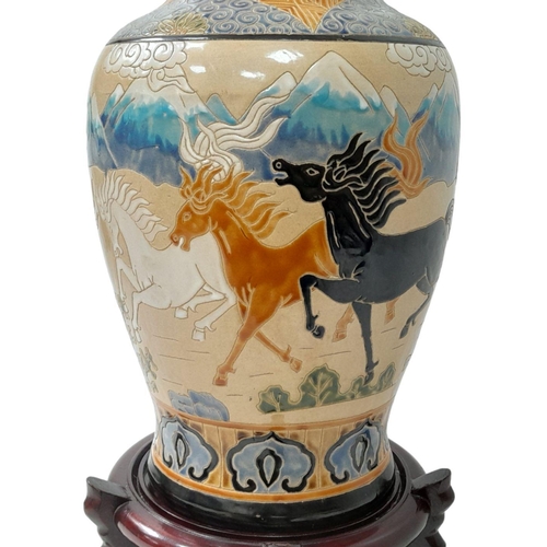 71 - An Antique Chinese Large Vase Depicting Running Horses with a Mountain View Background. Impressive u... 