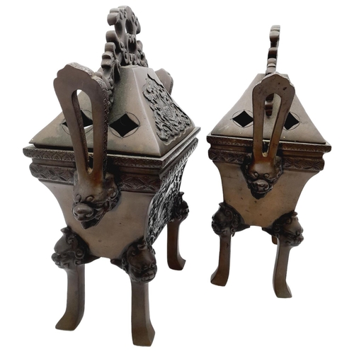 13 - A Pair of Antique Mid 19th Century Bronze Lidded Censers. Both with Orie masks on twin-handles and l... 