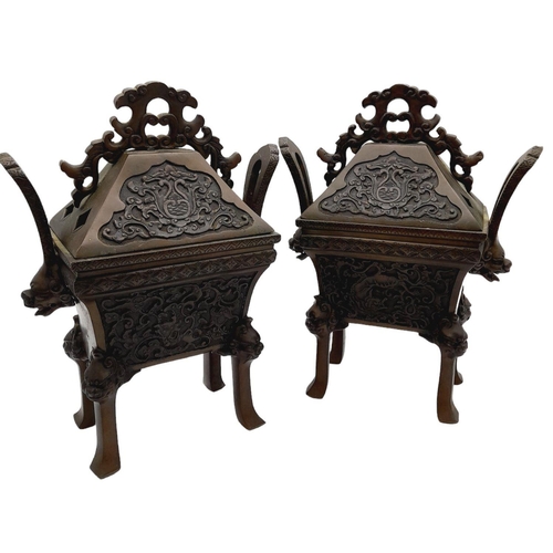 13 - A Pair of Antique Mid 19th Century Bronze Lidded Censers. Both with Orie masks on twin-handles and l... 