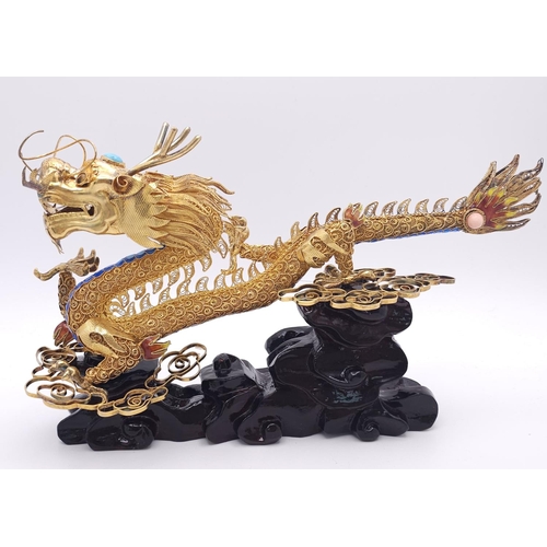 55 - A Visually Stunning Rare Chinese (circa 1920s) Solid Silver Gilt Filigree and Enamel Dragon with fit... 