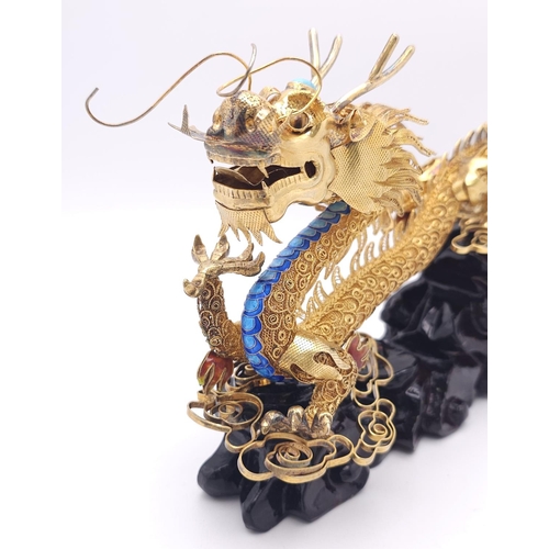 55 - A Visually Stunning Rare Chinese (circa 1920s) Solid Silver Gilt Filigree and Enamel Dragon with fit... 