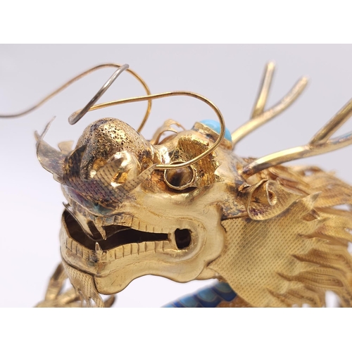 55 - A Visually Stunning Rare Chinese (circa 1920s) Solid Silver Gilt Filigree and Enamel Dragon with fit... 