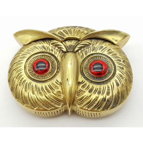 672 - Lovely rare Antique OWL VESTA .Finished in brass with large Coloured Eyes.
