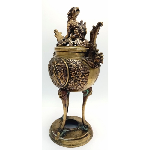 69 - A Brilliantly Constructed Antique Bronze Mid 19th Century Chinese Incense Burner. Decorative Foo dog... 