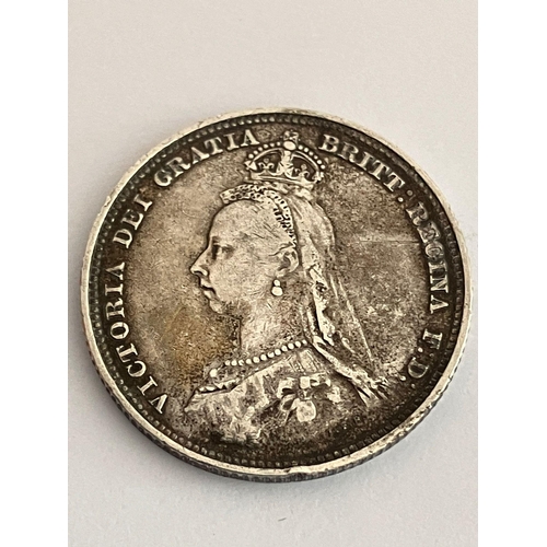 406 - 1887 SILVER SHILLING. Queen Victoria Golden Jubilee Mintage. EF/brilliant condition.