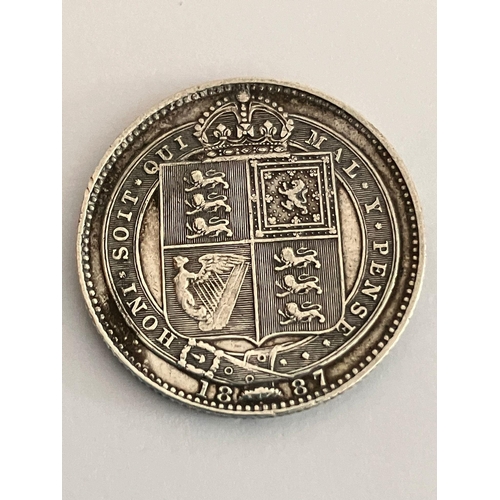 406 - 1887 SILVER SHILLING. Queen Victoria Golden Jubilee Mintage. EF/brilliant condition.