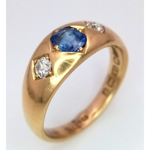 402 - 18k yellow gold Victorian diamond and sapphire gypsy ring, 6.7g, size O (dia:0.20ct/sapp:0.60ct)

re... 