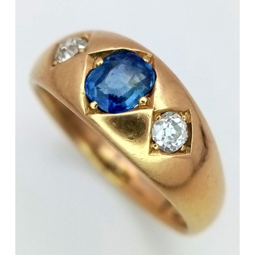 402 - 18k yellow gold Victorian diamond and sapphire gypsy ring, 6.7g, size O (dia:0.20ct/sapp:0.60ct)

re... 