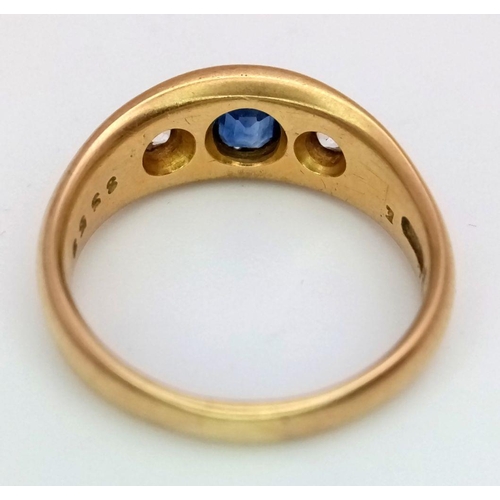 402 - 18k yellow gold Victorian diamond and sapphire gypsy ring, 6.7g, size O (dia:0.20ct/sapp:0.60ct)

re... 