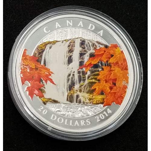 539 - Canadian ‘AUTUMN FALLS’ SILVER $20 COIN. PURE SILVER with coloured detail. Complete with case and bo... 