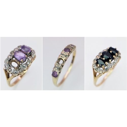 76 - Three 9K Gold Rings - Some with precious stones. All AS FOUND. 6g total weight.