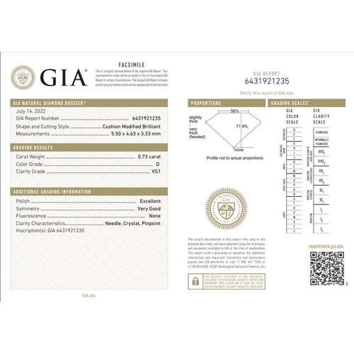 234 - 0.73ct Cushion cut DIAMOND stone, colour D, VS1, come with GIA certificate.
Measurement: 5.50 - 4.63... 