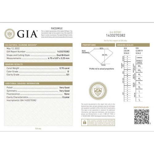 291 - 0.70ct Oval cut DIAMOND stone, colour D, SI1, come with GIA certificate.
Measurement: 6.75 x 5.07 x ... 