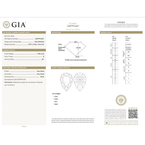 457 - 1.00ct Pear Shape DIAMOND stone, colour D, SI1 clarity, come with GIA certificate.
Measurement:  8.5... 